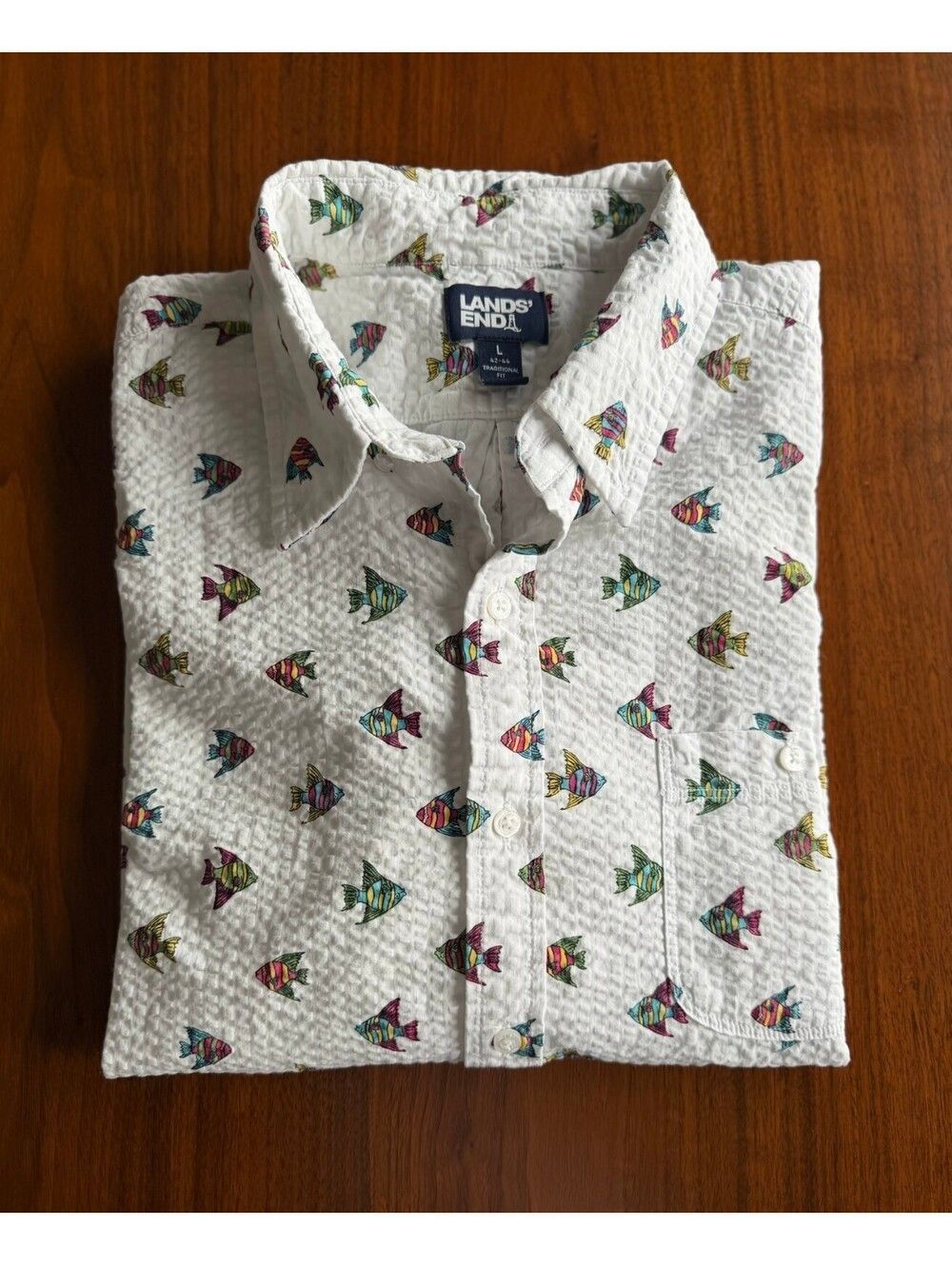 Lands' End Men's Short Sleeve Button-Up Shirt w/Colorful Fish Print - Size L